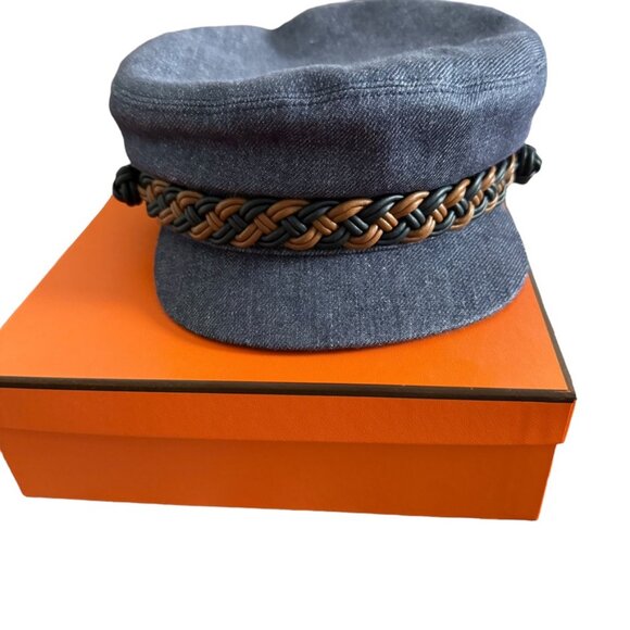 Hermes Newsboy Denim Cap Giulietta NWT Leather Braid Casquette Indigo 58 main image 6